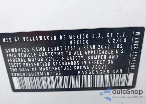 2019 Volkswagen Jetta 1.4T R-Line/1.4T S/1.4T Se z USA, uszkodzony, nr VIN 3VWCB7BU3KM167756